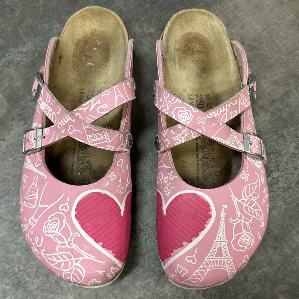 Birkis Dorian Clogs Size 39 Birko-Flor Pink Paris Heart Rose Love Women's 8 Rare - Picture 3 of 10